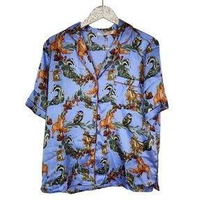 THEIR NIBS Pajama Top Womens Large‎ Blue Woodland Animal Satin Button Print
